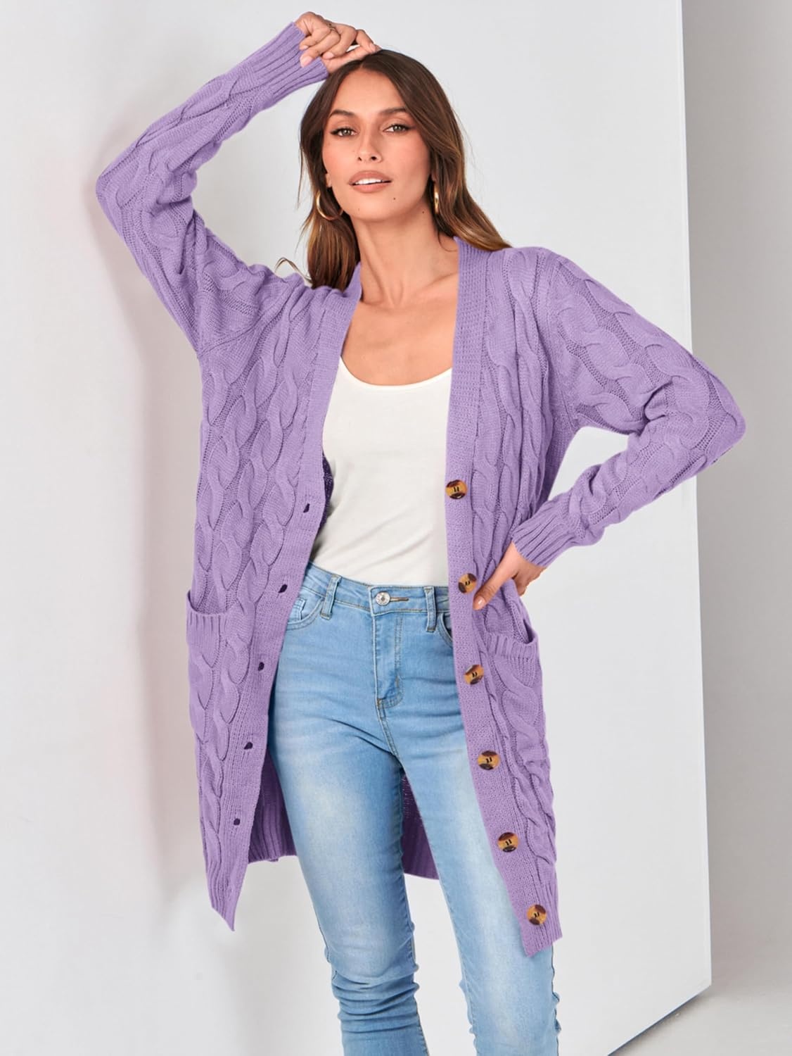 image:imagePRETTYGARDEN Womens Cable Knit Button Long Cardigan SweatersPurple