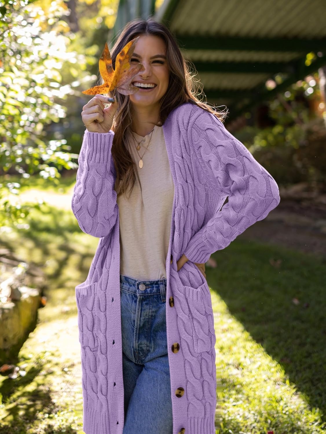 image:imagePRETTYGARDEN Womens Cable Knit Button Long Cardigan SweatersPurple