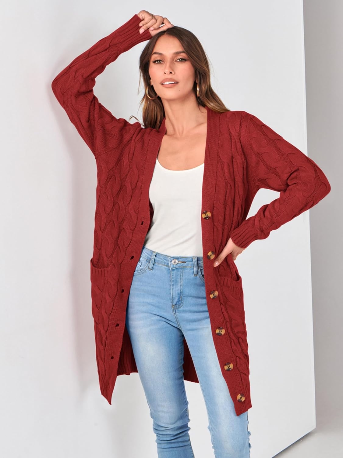 image:imagePRETTYGARDEN Womens Cable Knit Button Long Cardigan SweatersRust Red