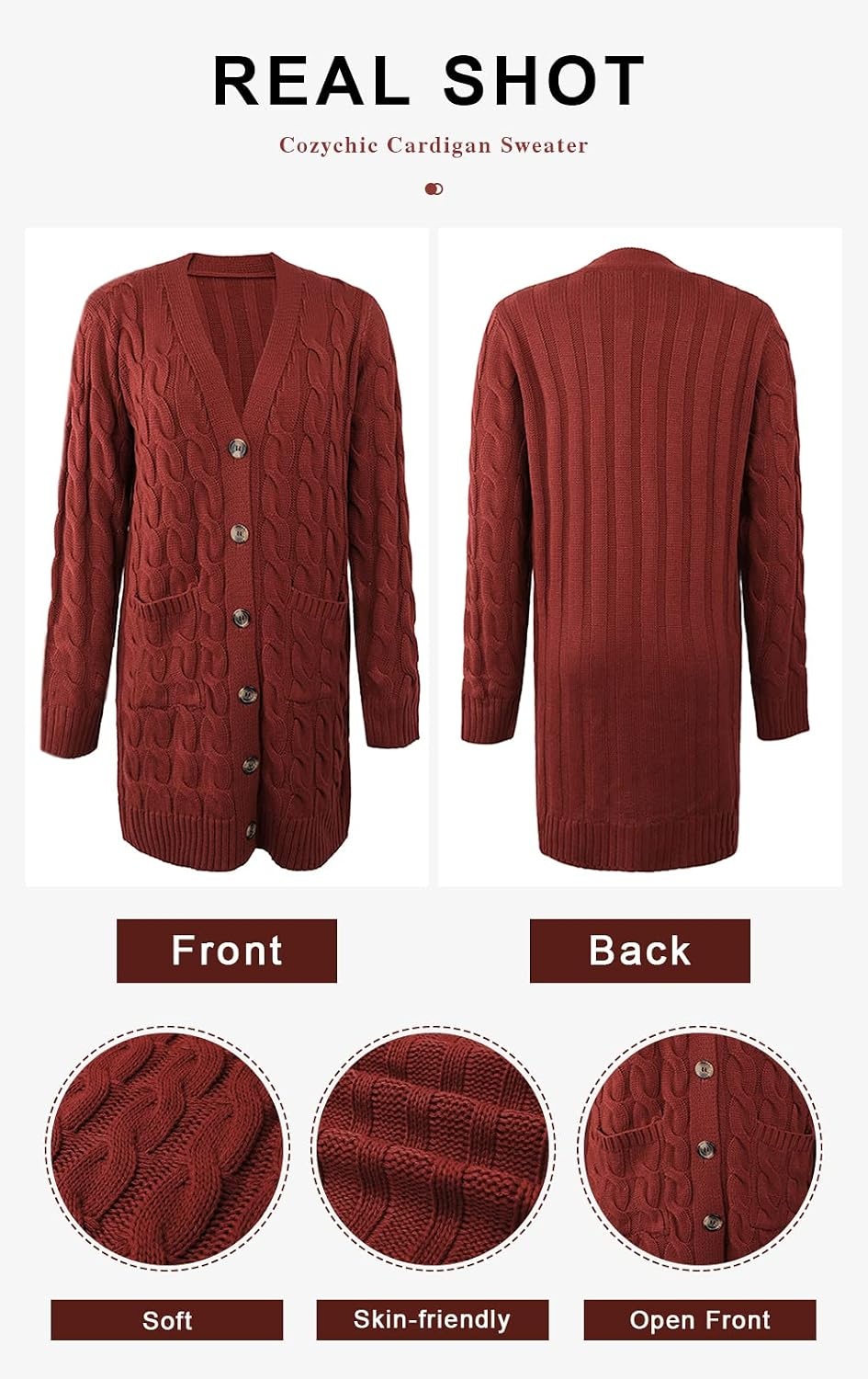 image:imagePRETTYGARDEN Womens Cable Knit Button Long Cardigan SweatersRust Red