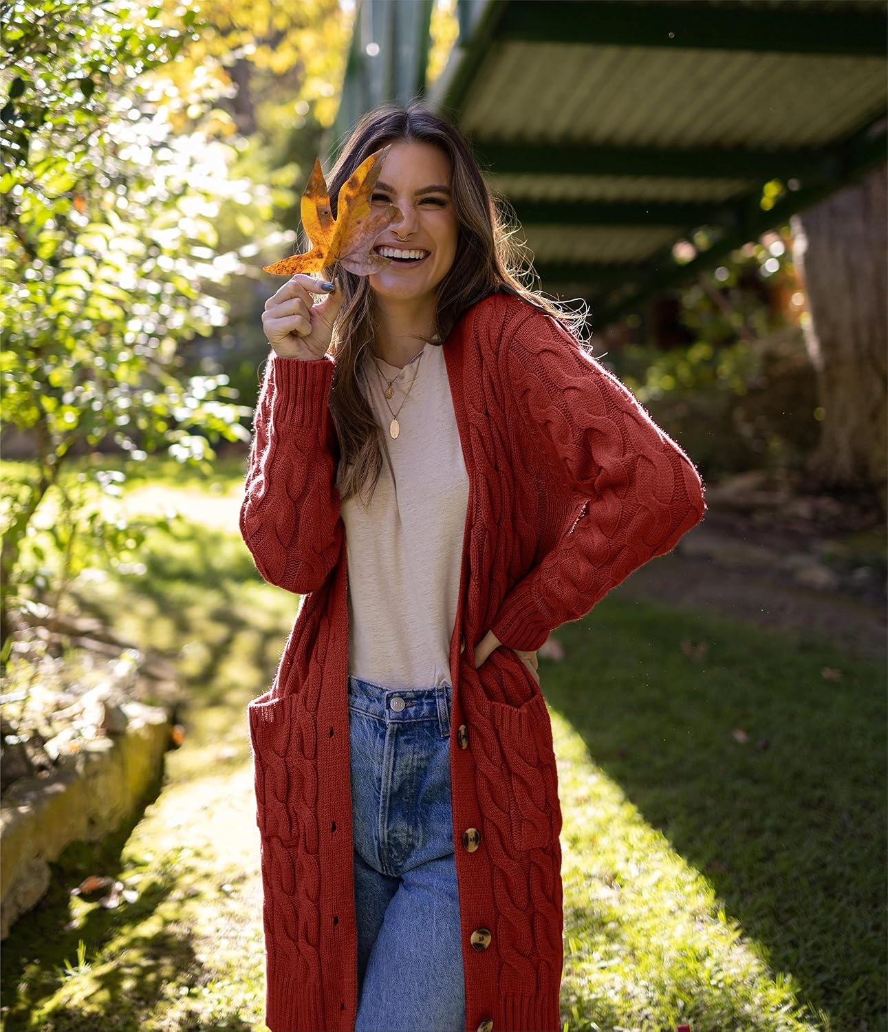 image:imagePRETTYGARDEN Womens Cable Knit Button Long Cardigan SweatersRust Red