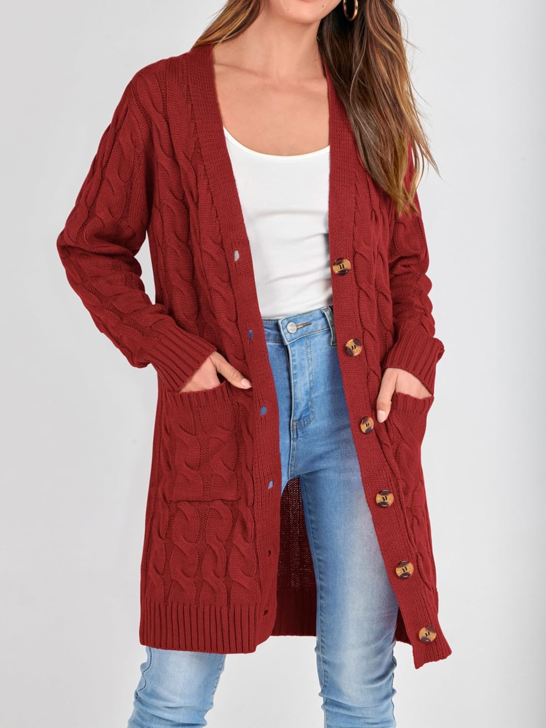 image:imagePRETTYGARDEN Womens Cable Knit Button Long Cardigan SweatersRust Red