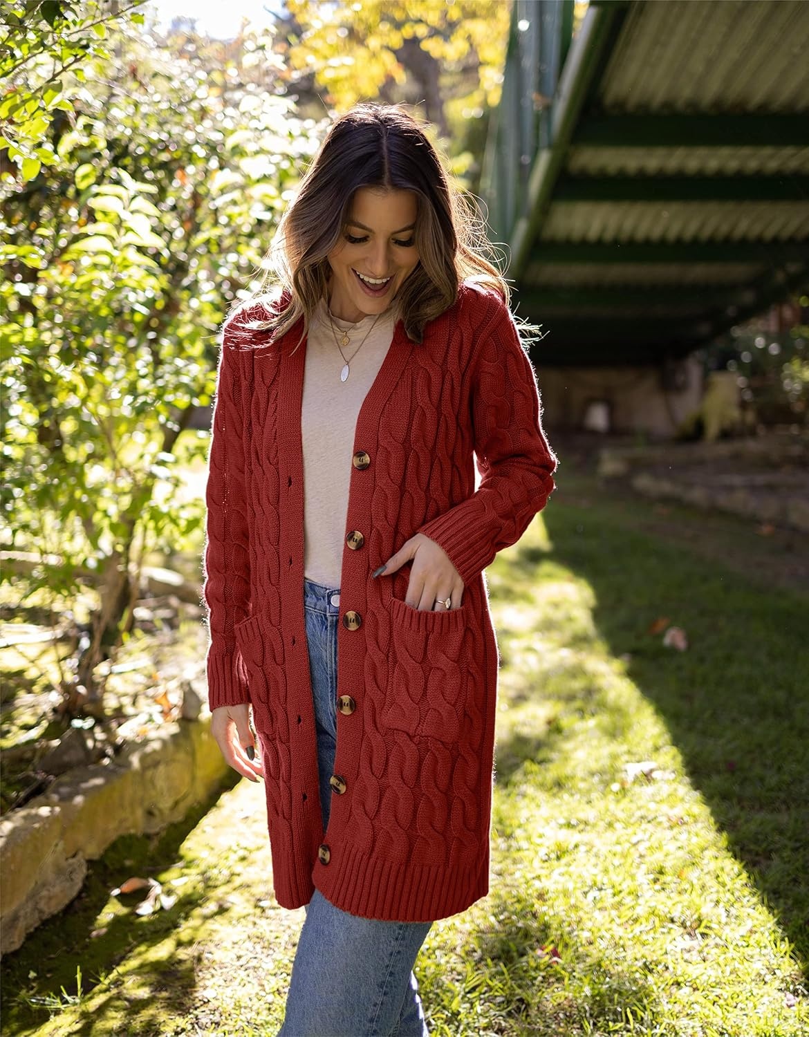 image:imagePRETTYGARDEN Womens Cable Knit Button Long Cardigan SweatersRust Red