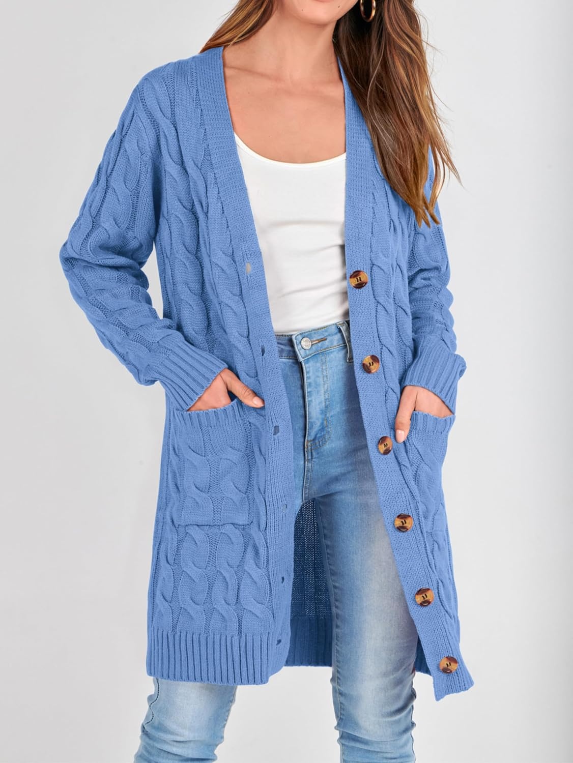 image:imagePRETTYGARDEN Womens Cable Knit Button Long Cardigan SweatersSky Blue