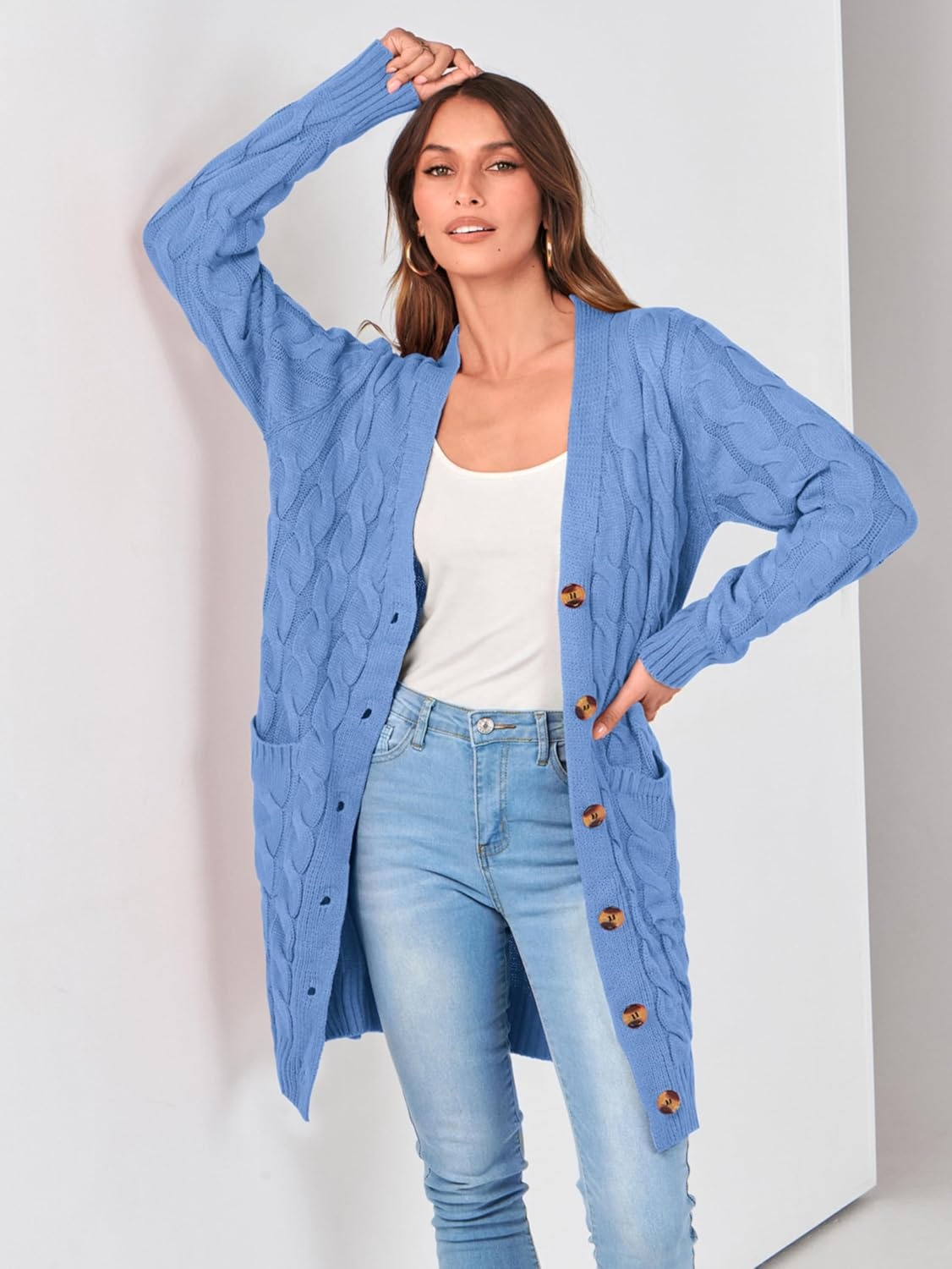 image:imagePRETTYGARDEN Womens Cable Knit Button Long Cardigan SweatersSky Blue