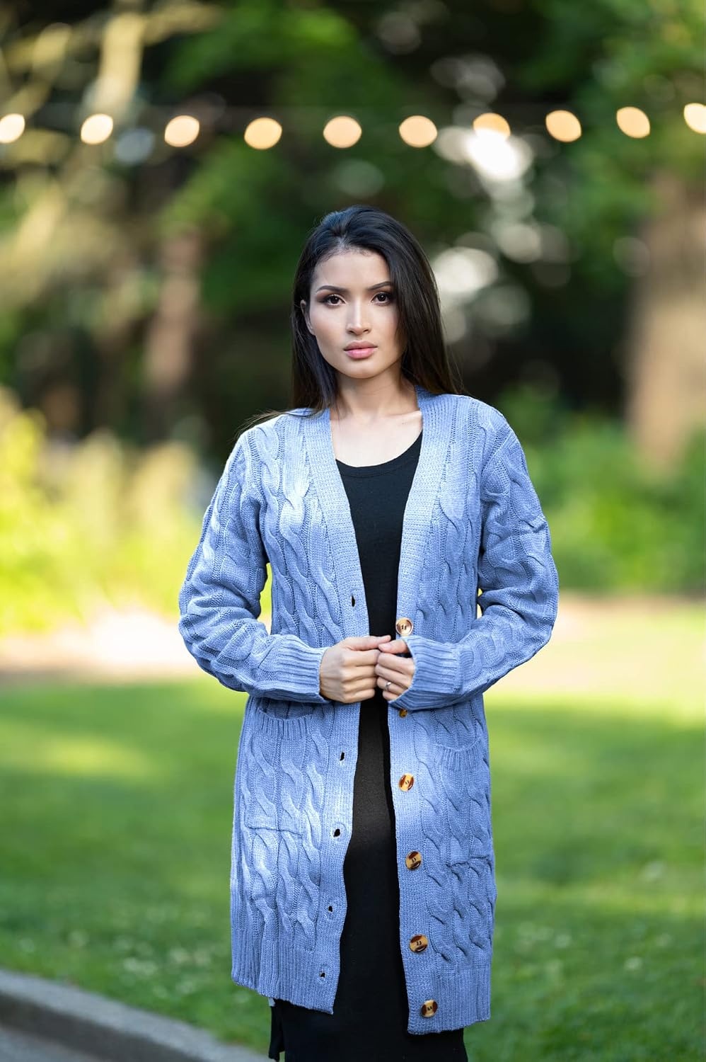 image:imagePRETTYGARDEN Womens Cable Knit Button Long Cardigan SweatersSky Blue