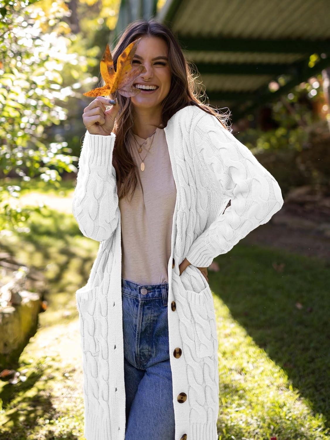image:imagePRETTYGARDEN Womens Cable Knit Button Long Cardigan SweatersSnow White