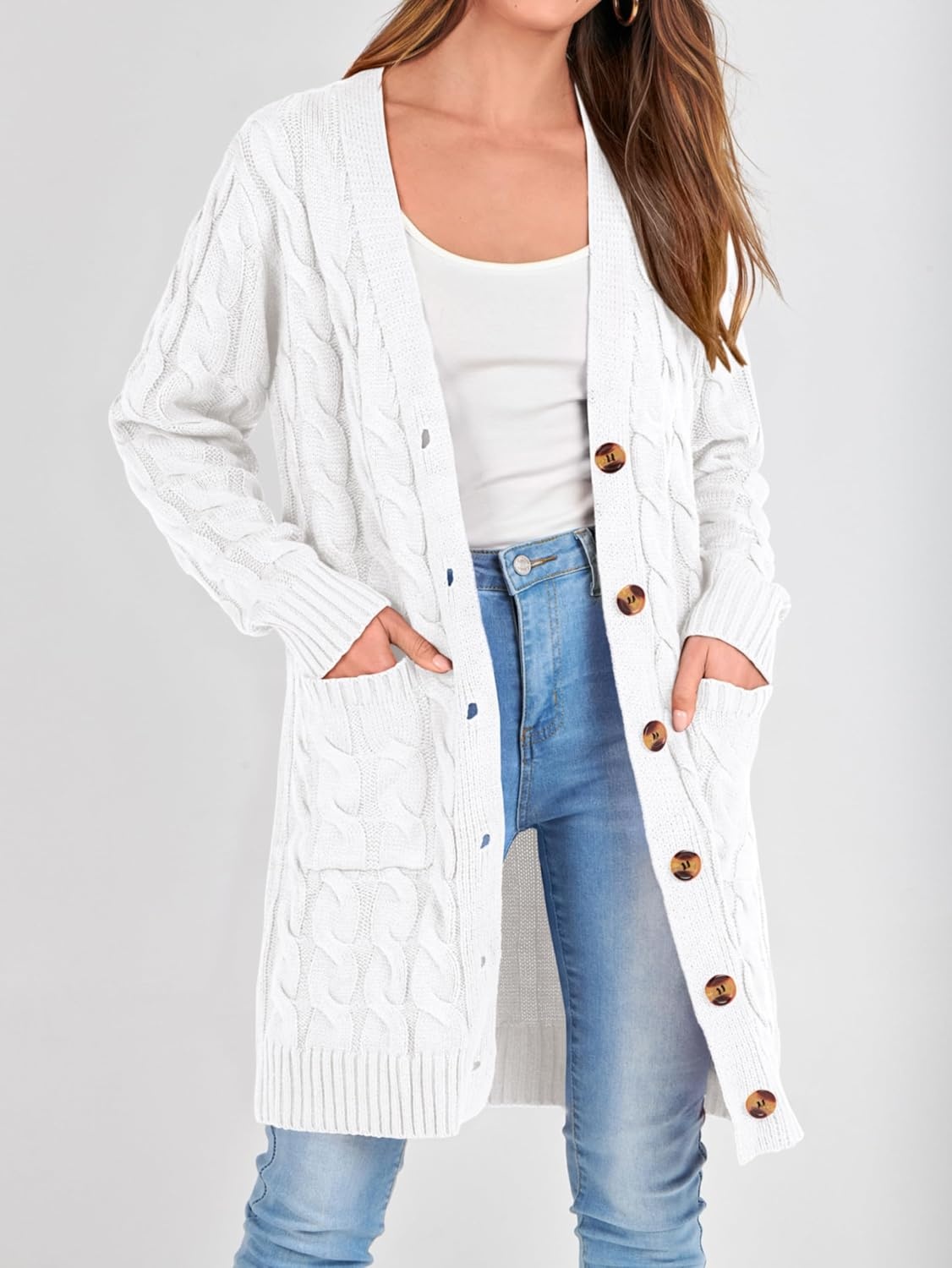 image:imagePRETTYGARDEN Womens Cable Knit Button Long Cardigan SweatersSnow White