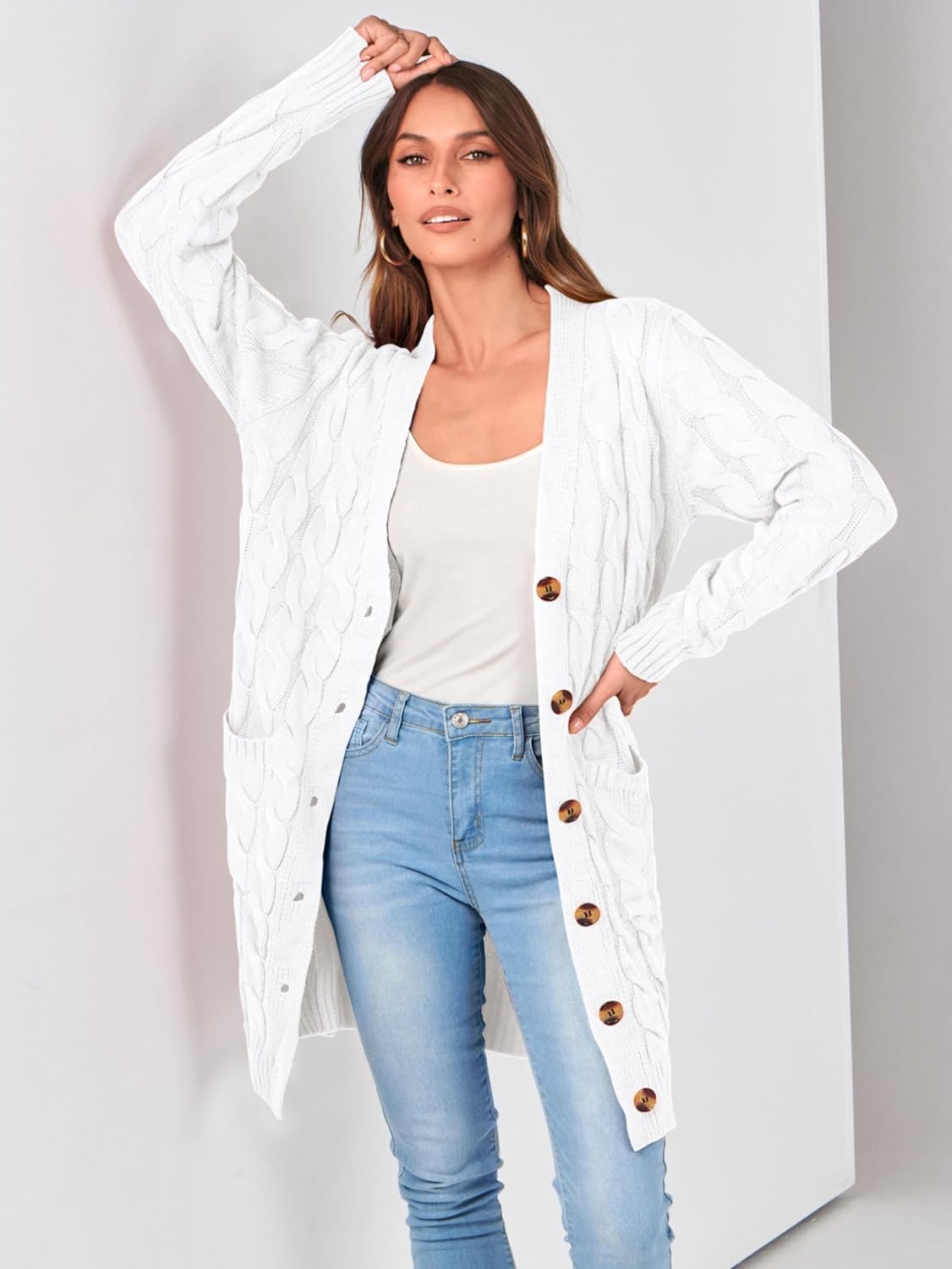 image:imagePRETTYGARDEN Womens Cable Knit Button Long Cardigan SweatersSnow White