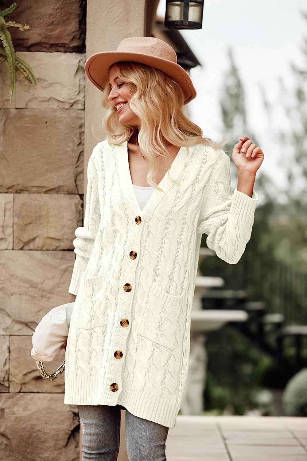 image:imagePRETTYGARDEN Womens Cable Knit Button Long Cardigan SweatersWhite