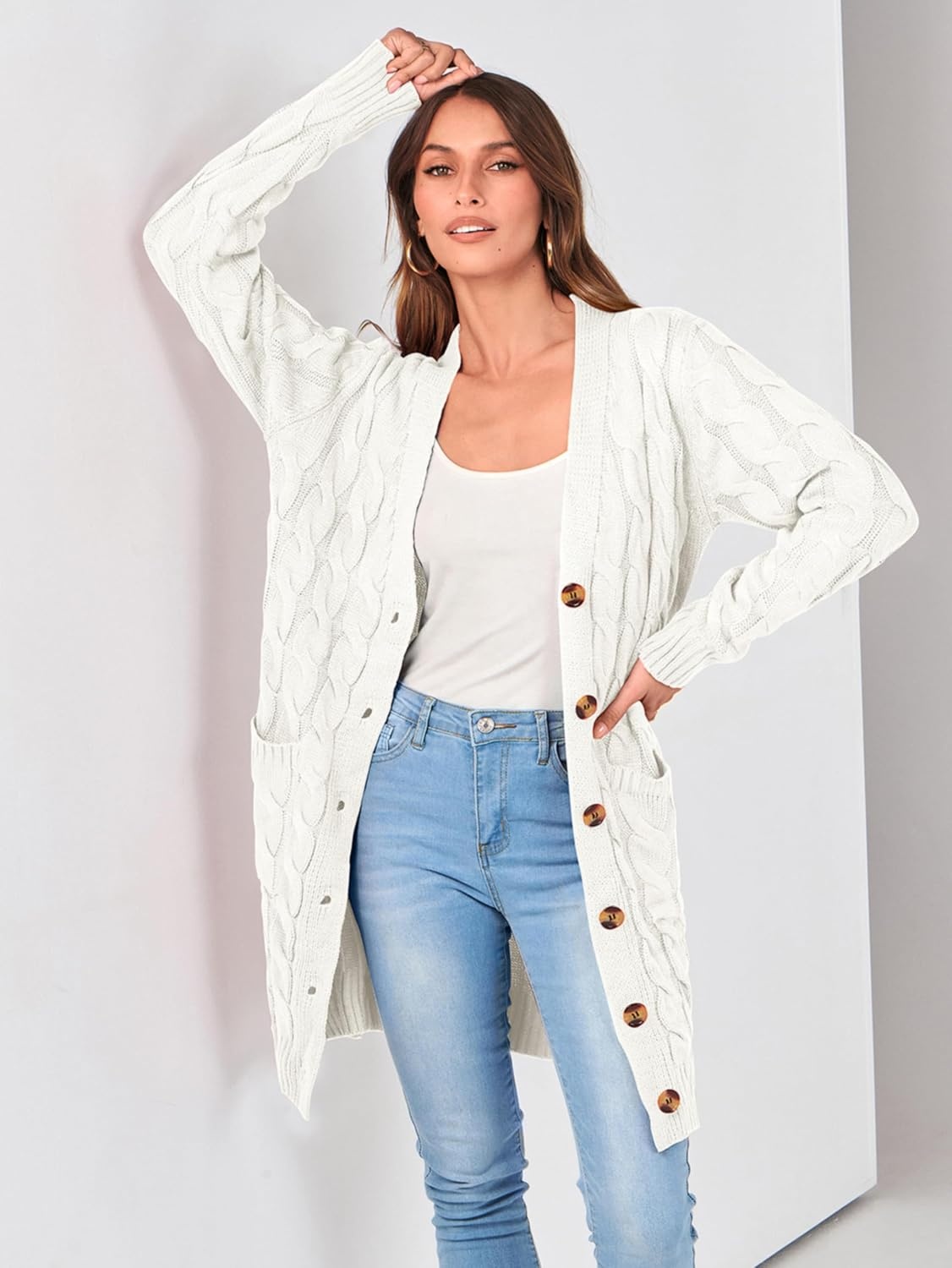 image:imagePRETTYGARDEN Womens Cable Knit Button Long Cardigan SweatersWhite