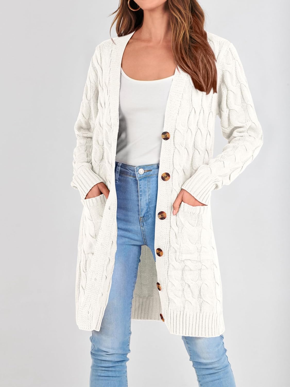 image:imagePRETTYGARDEN Womens Cable Knit Button Long Cardigan SweatersWhite