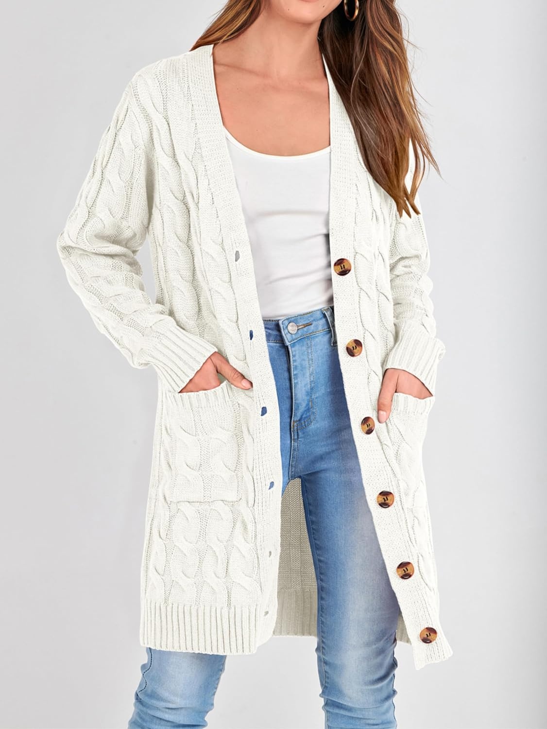 image:imagePRETTYGARDEN Womens Cable Knit Button Long Cardigan SweatersWhite