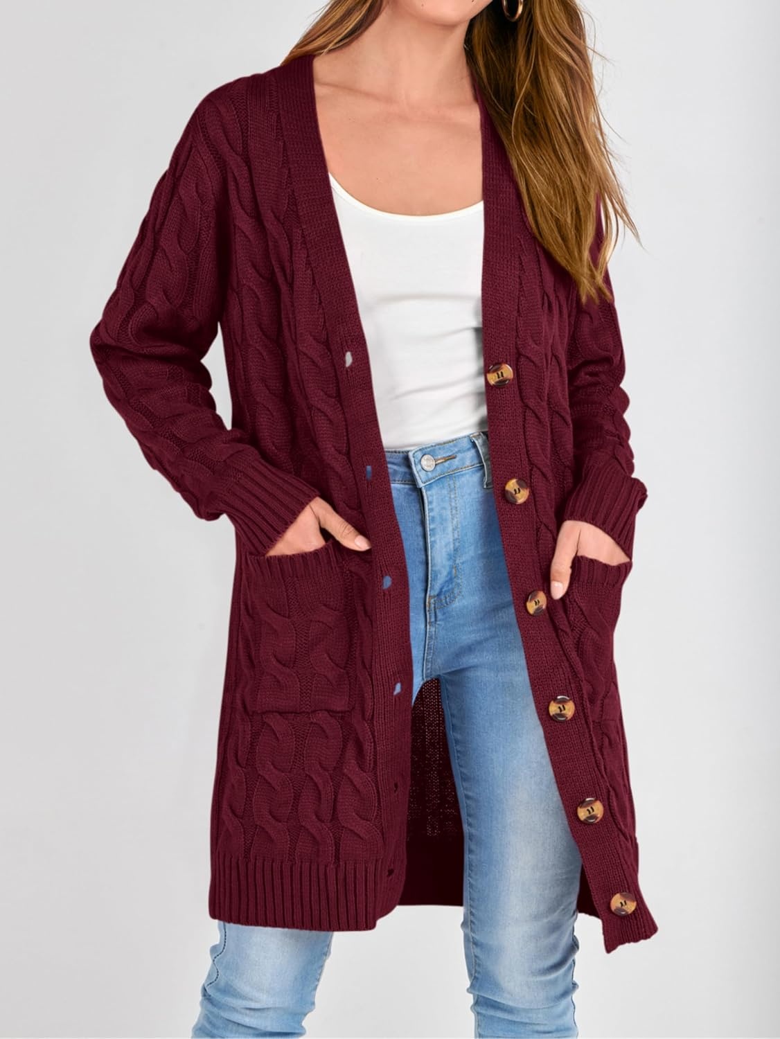 image:imagePRETTYGARDEN Womens Cable Knit Button Long Cardigan SweatersWine Red