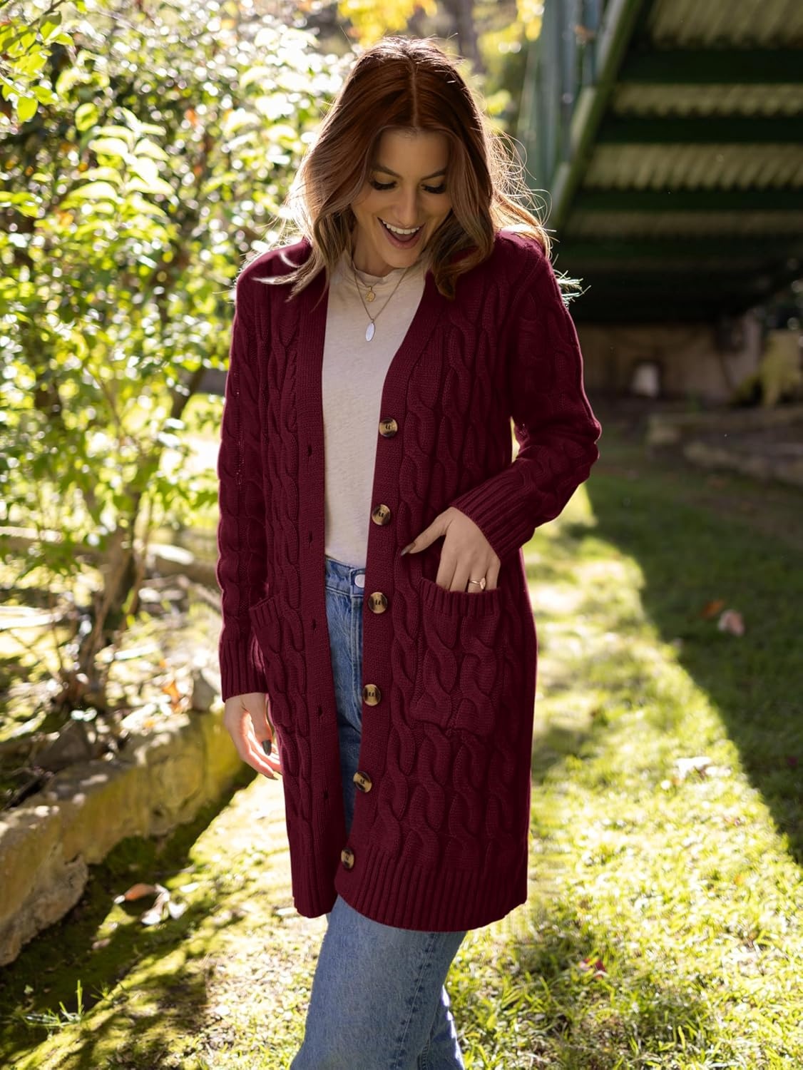 image:imagePRETTYGARDEN Womens Cable Knit Button Long Cardigan SweatersWine Red