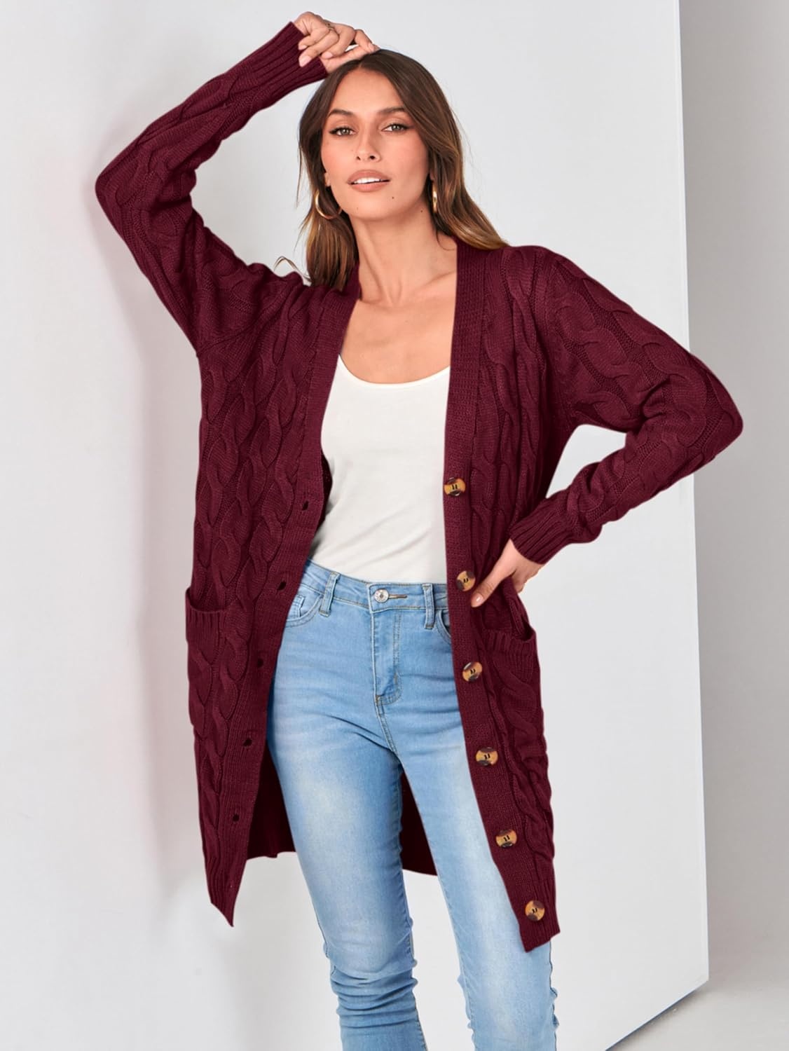 image:imagePRETTYGARDEN Womens Cable Knit Button Long Cardigan SweatersWine Red
