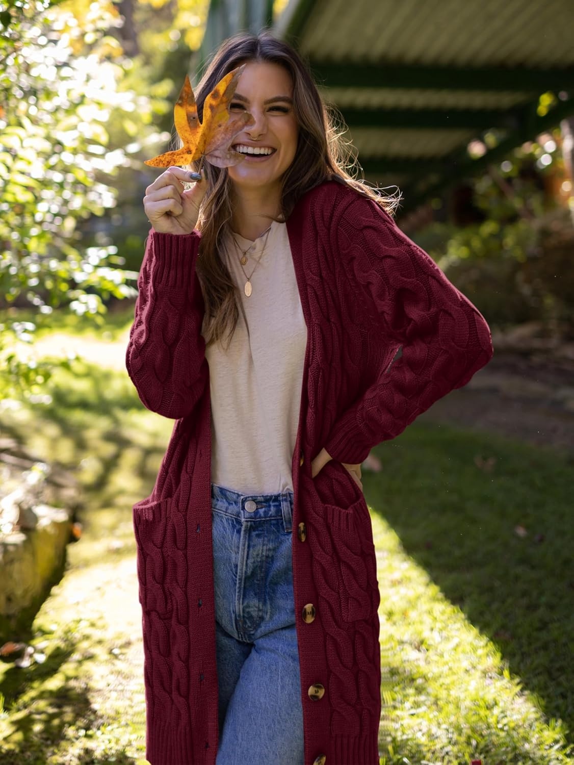 image:imagePRETTYGARDEN Womens Cable Knit Button Long Cardigan SweatersWine Red