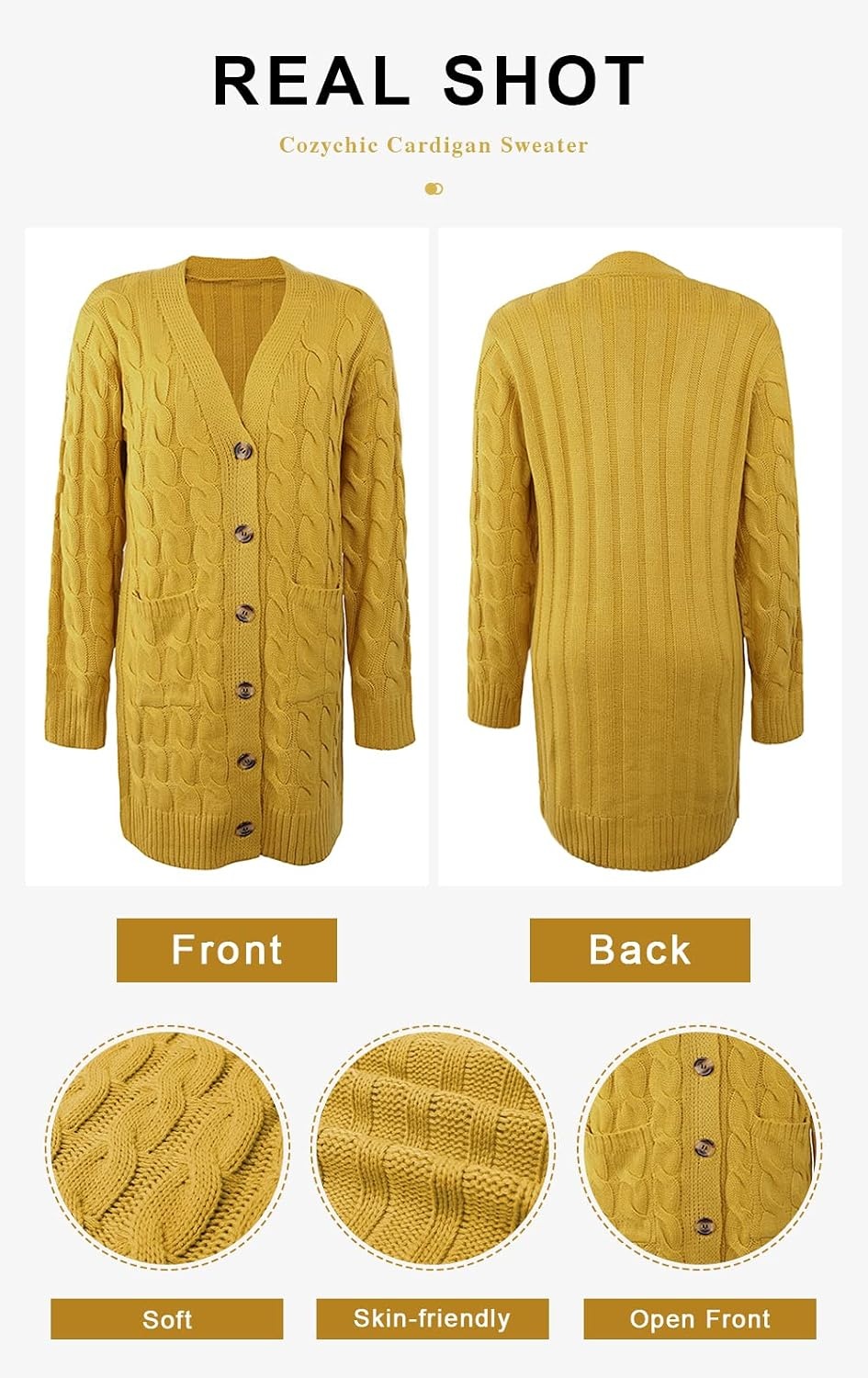 image:imagePRETTYGARDEN Womens Cable Knit Button Long Cardigan SweatersYellow