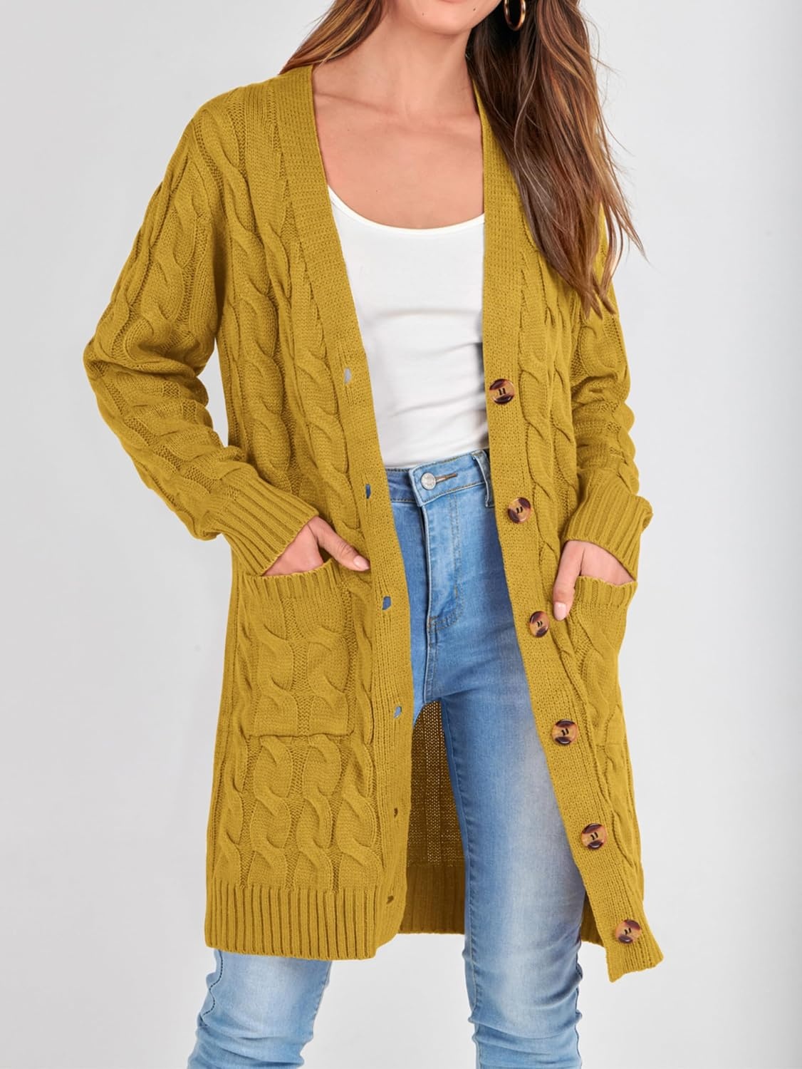 image:imagePRETTYGARDEN Womens Cable Knit Button Long Cardigan SweatersYellow