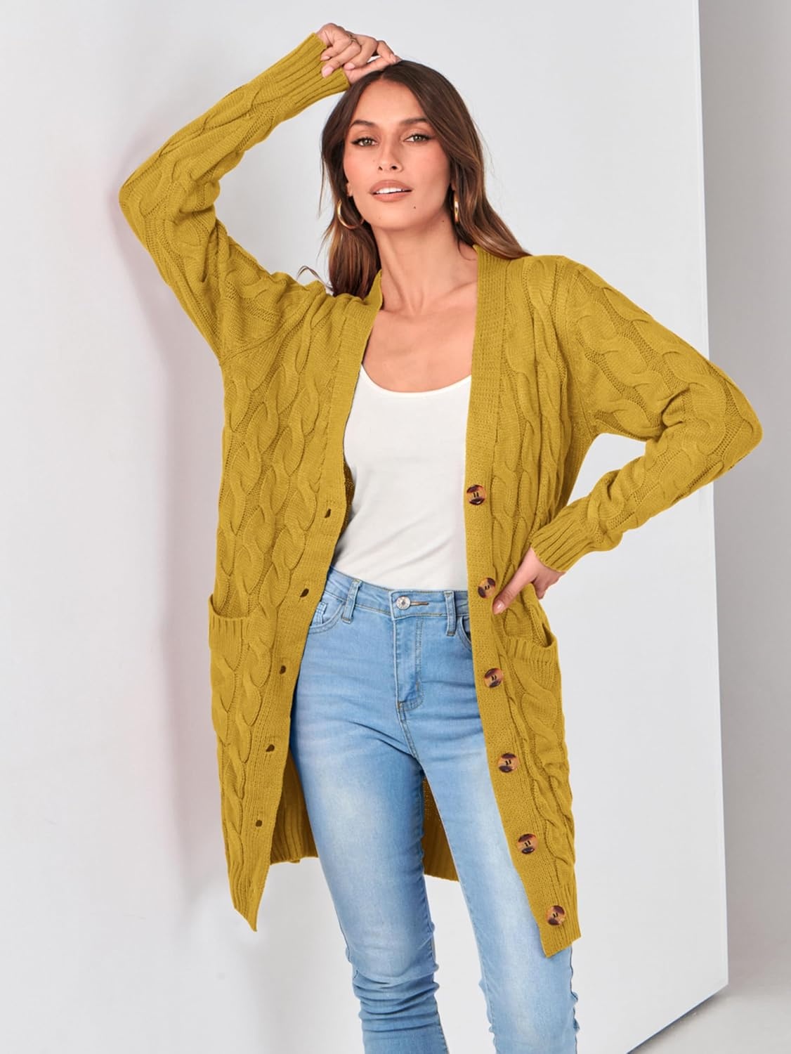 image:imagePRETTYGARDEN Womens Cable Knit Button Long Cardigan SweatersYellow