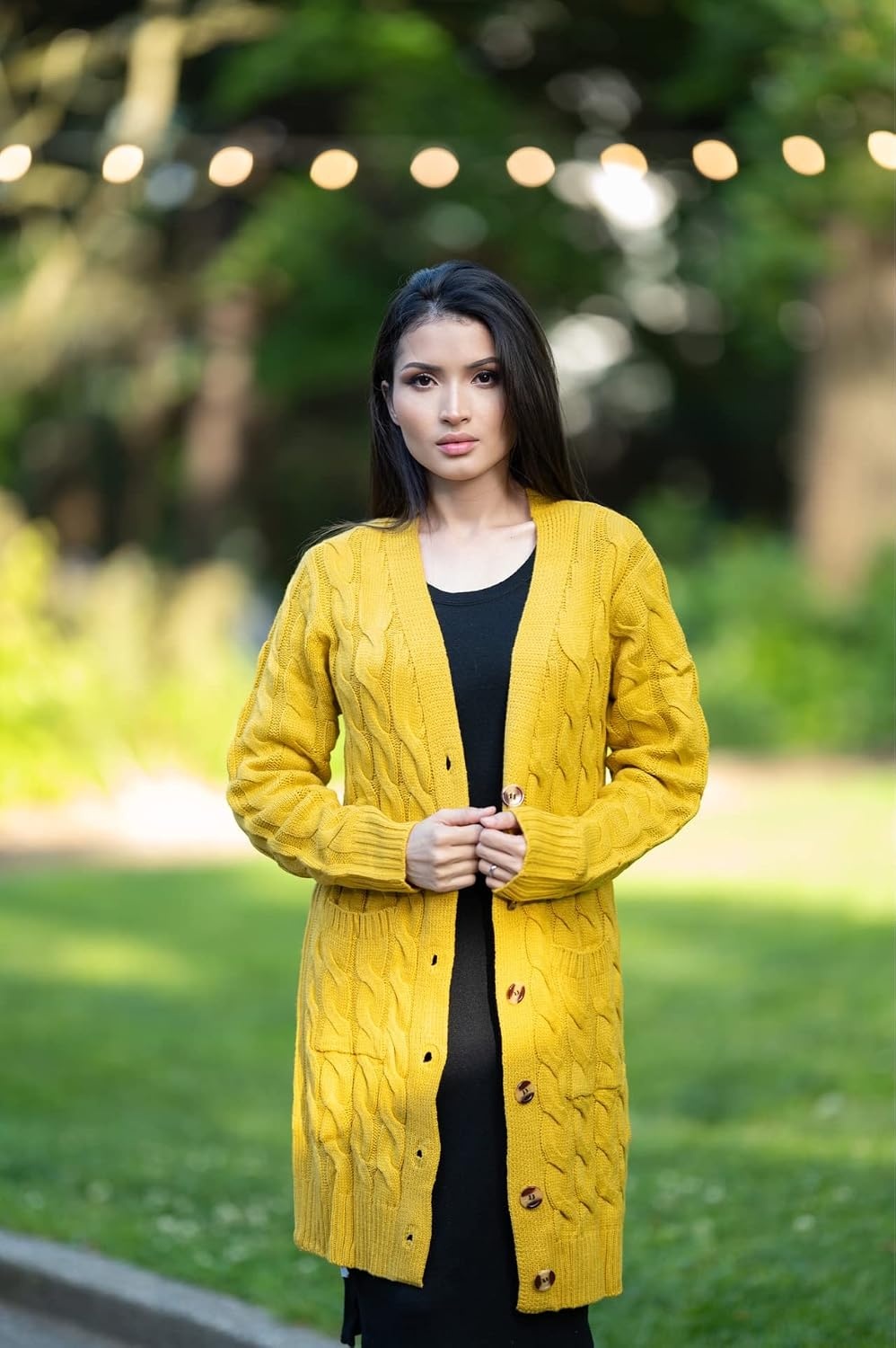 image:imagePRETTYGARDEN Womens Cable Knit Button Long Cardigan SweatersYellow