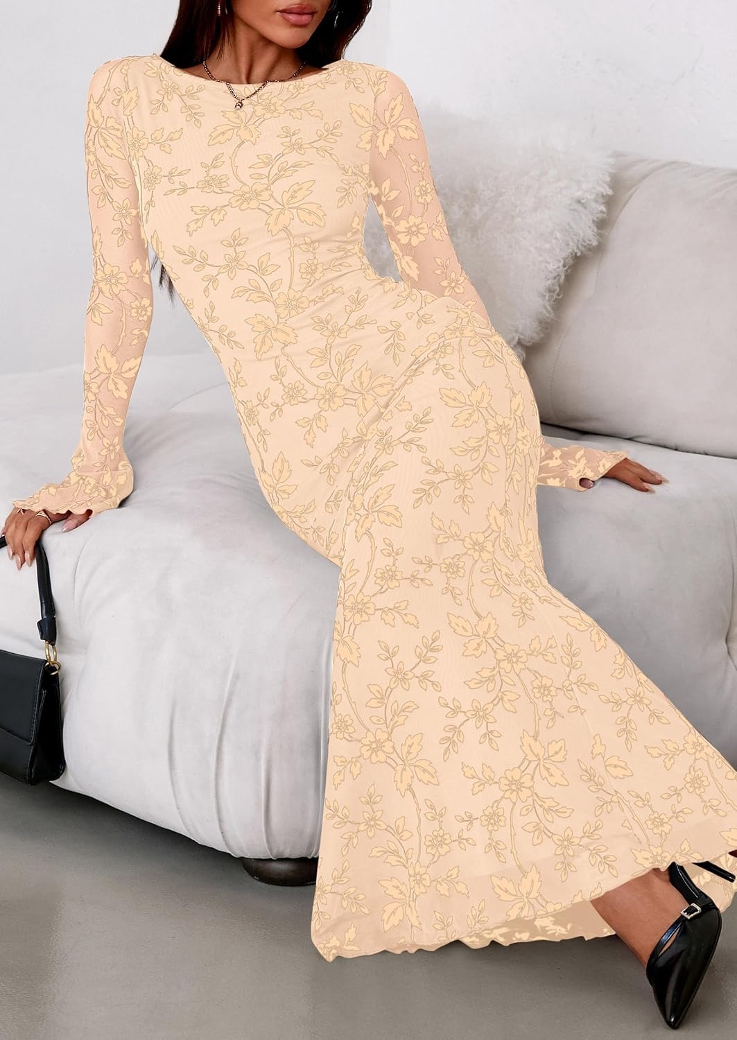 image:imagePRETTYGARDEN Womens Floral Bodycon Maxi Dress Wedding Guest DressesApricot