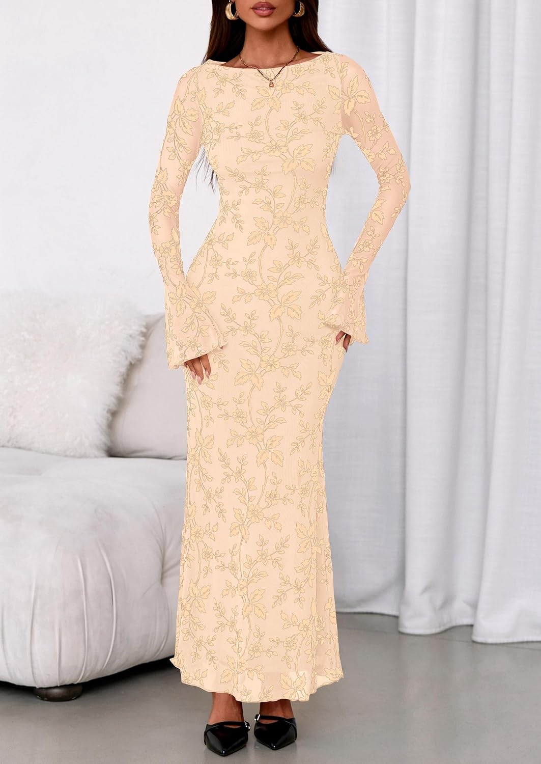 image:imagePRETTYGARDEN Womens Floral Bodycon Maxi Dress Wedding Guest DressesApricot