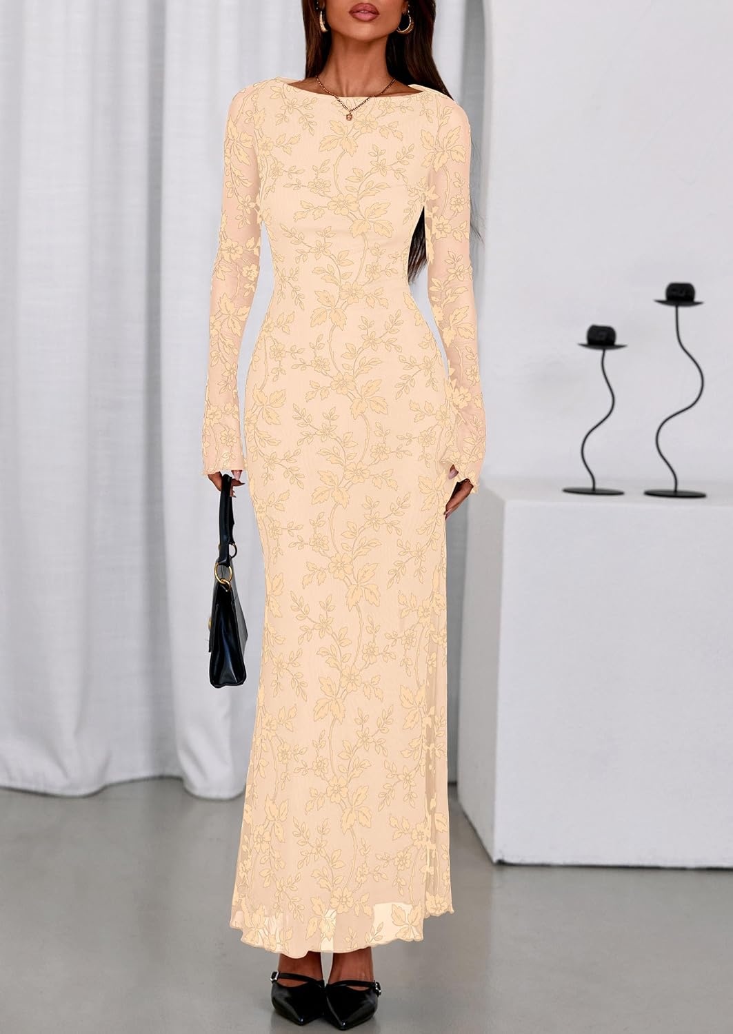 image:imagePRETTYGARDEN Womens Floral Bodycon Maxi Dress Wedding Guest DressesApricot