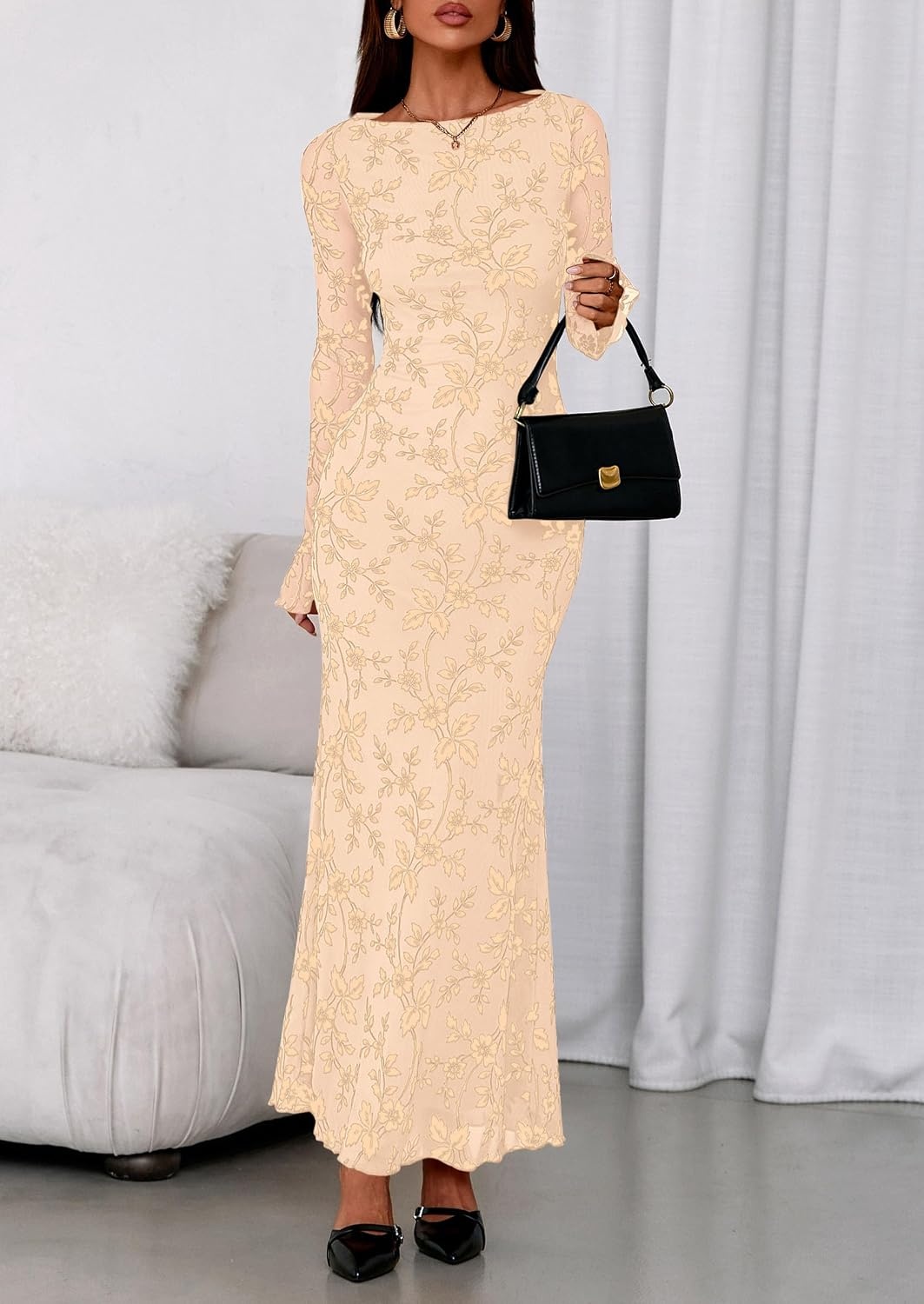 image:imagePRETTYGARDEN Womens Floral Bodycon Maxi Dress Wedding Guest DressesApricot