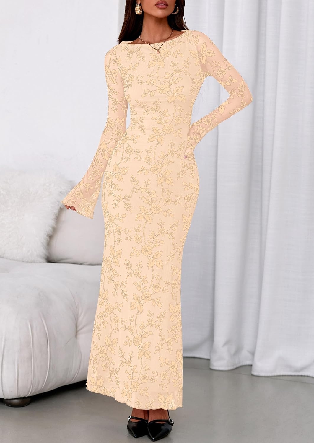 image:imagePRETTYGARDEN Womens Floral Bodycon Maxi Dress Wedding Guest DressesApricot