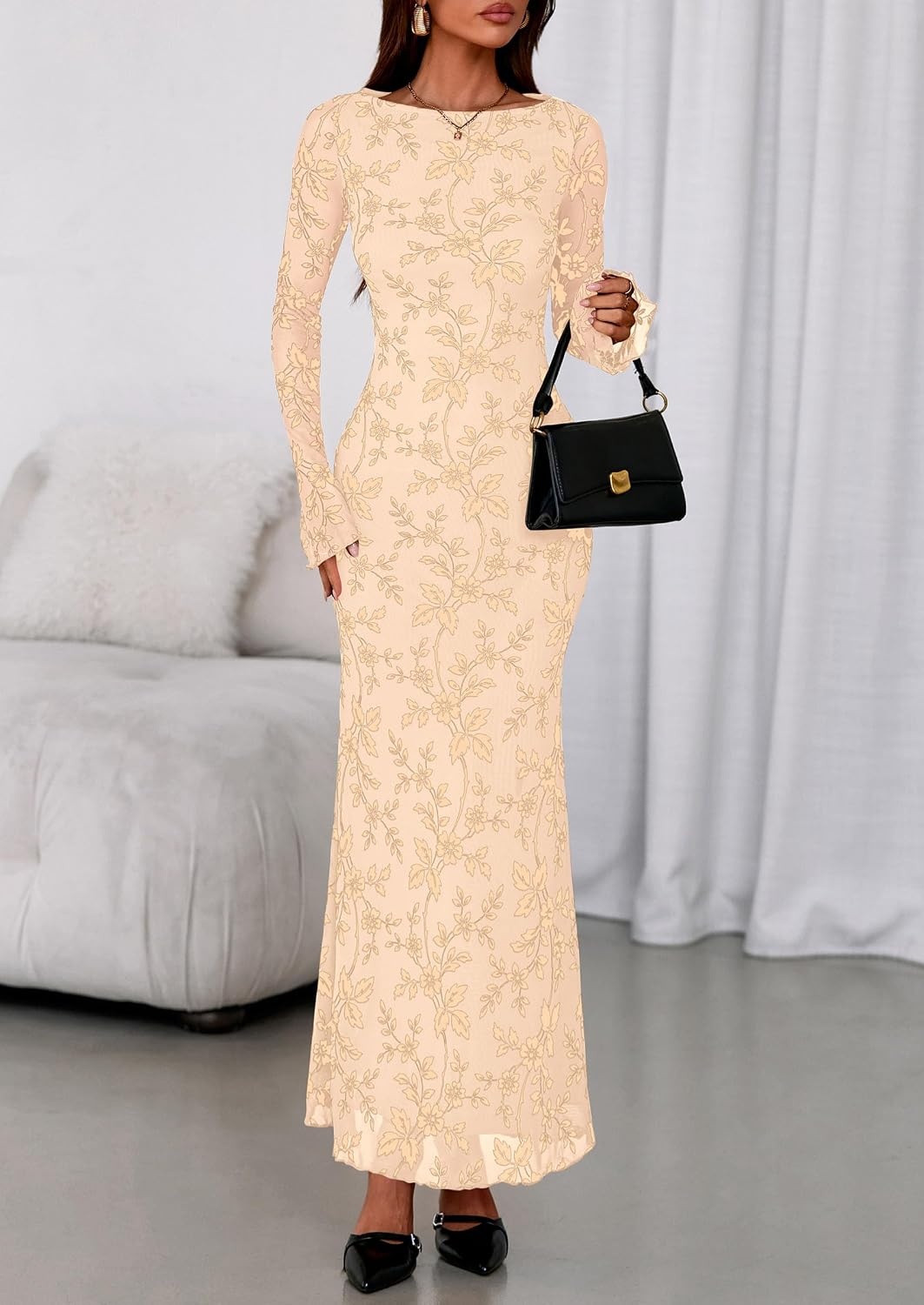 image:imagePRETTYGARDEN Womens Floral Bodycon Maxi Dress Wedding Guest DressesApricot