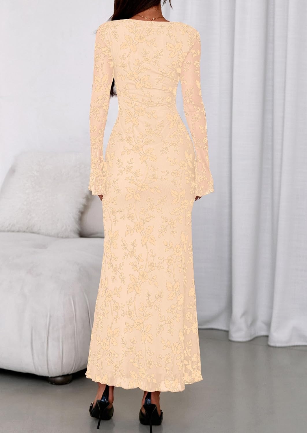 image:imagePRETTYGARDEN Womens Floral Bodycon Maxi Dress Wedding Guest DressesApricot