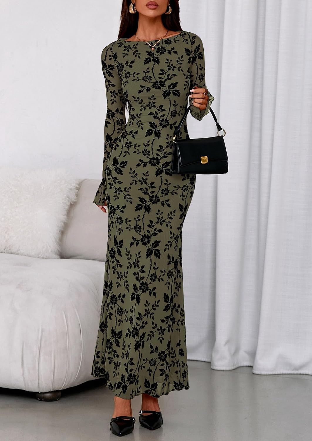 image:imagePRETTYGARDEN Womens Floral Bodycon Maxi Dress Wedding Guest DressesArmy Green