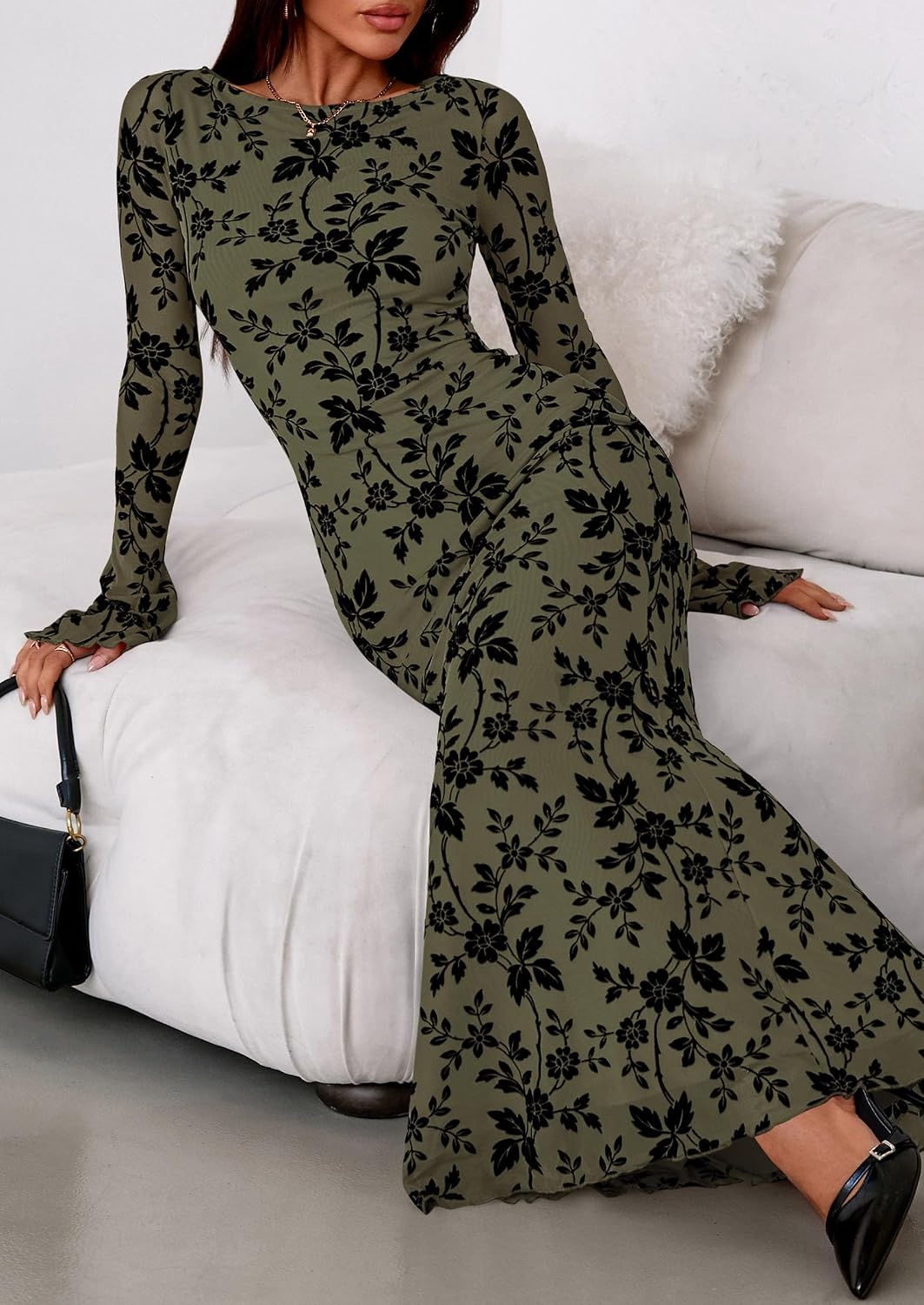 image:imagePRETTYGARDEN Womens Floral Bodycon Maxi Dress Wedding Guest DressesArmy Green
