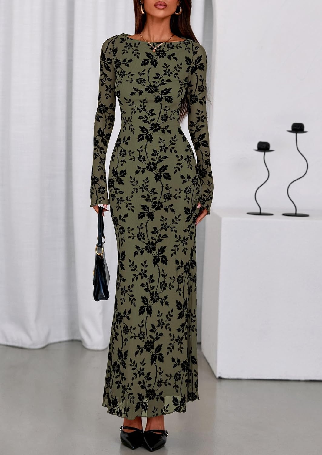 image:imagePRETTYGARDEN Womens Floral Bodycon Maxi Dress Wedding Guest DressesArmy Green