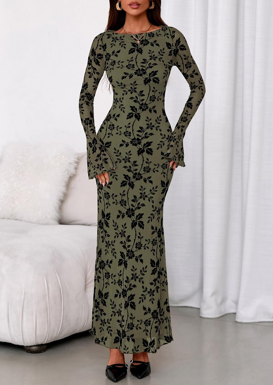 image:imagePRETTYGARDEN Womens Floral Bodycon Maxi Dress Wedding Guest DressesArmy Green