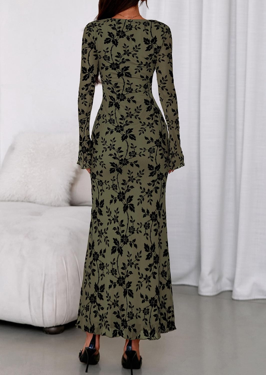 image:imagePRETTYGARDEN Womens Floral Bodycon Maxi Dress Wedding Guest DressesArmy Green