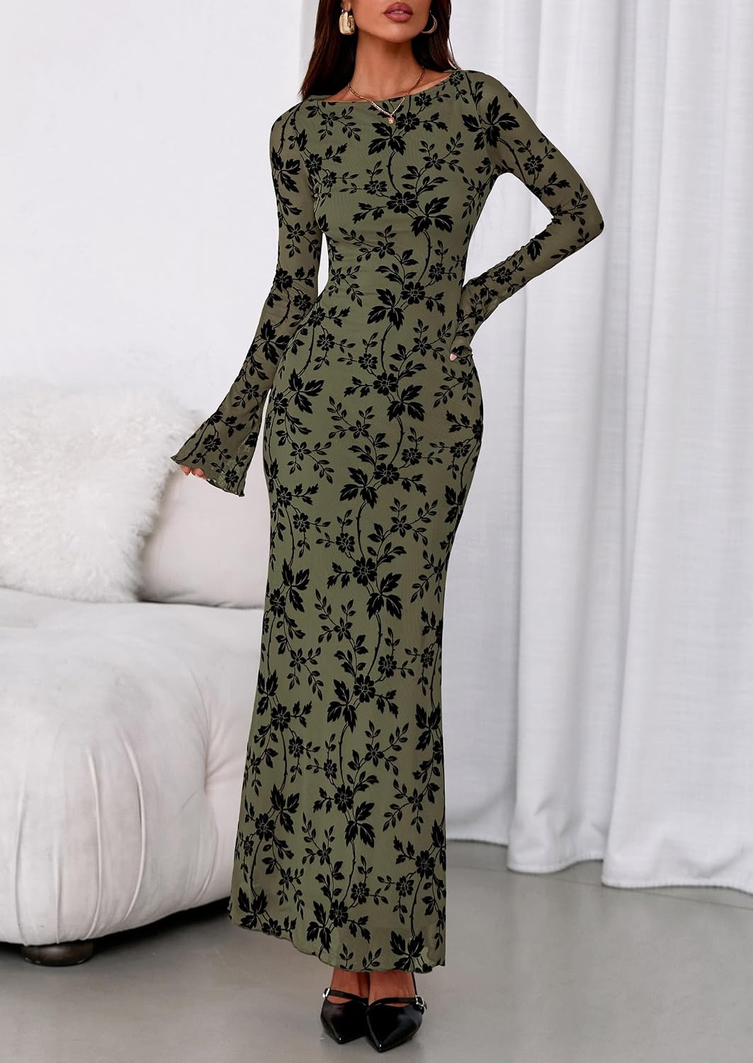 image:imagePRETTYGARDEN Womens Floral Bodycon Maxi Dress Wedding Guest DressesArmy Green