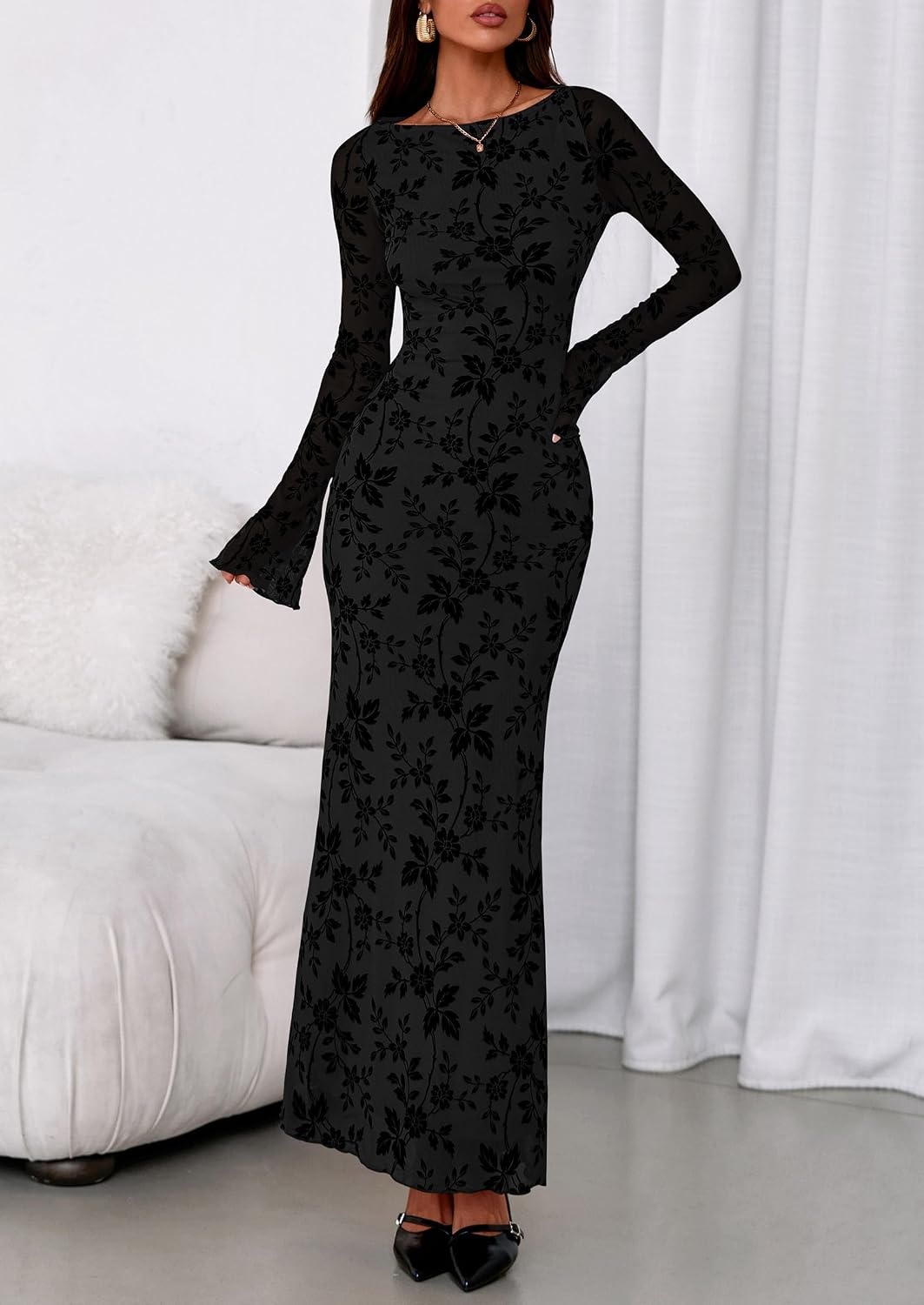 image:imagePRETTYGARDEN Womens Floral Bodycon Maxi Dress Wedding Guest DressesBlack