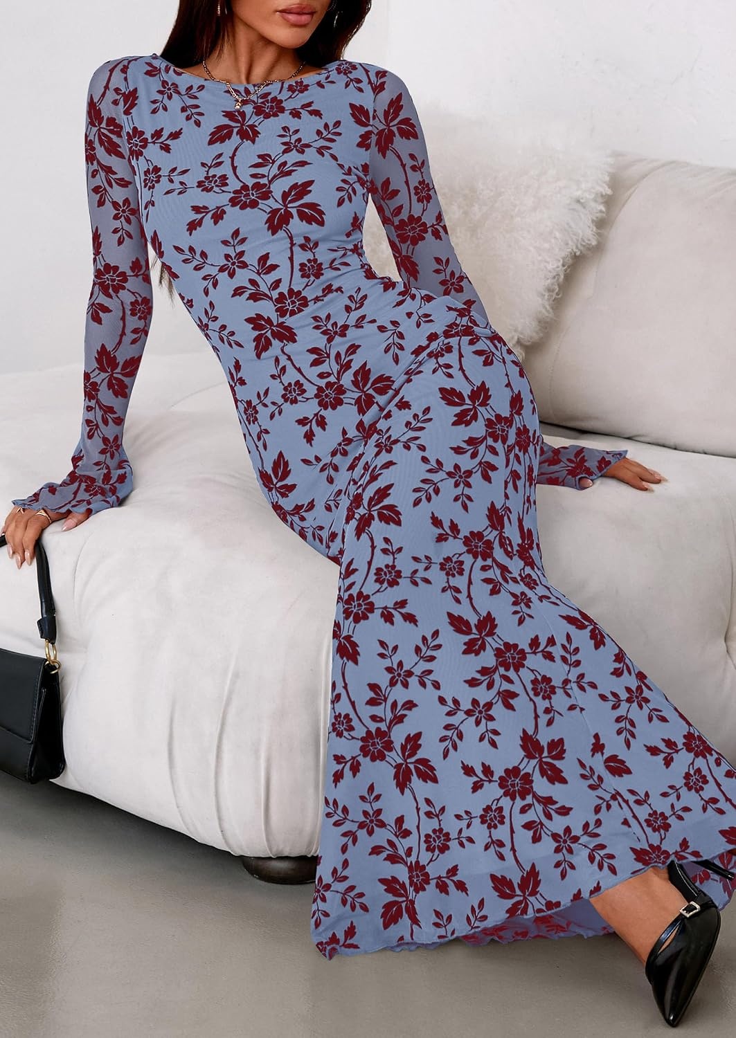 image:imagePRETTYGARDEN Womens Floral Bodycon Maxi Dress Wedding Guest DressesBlue Red