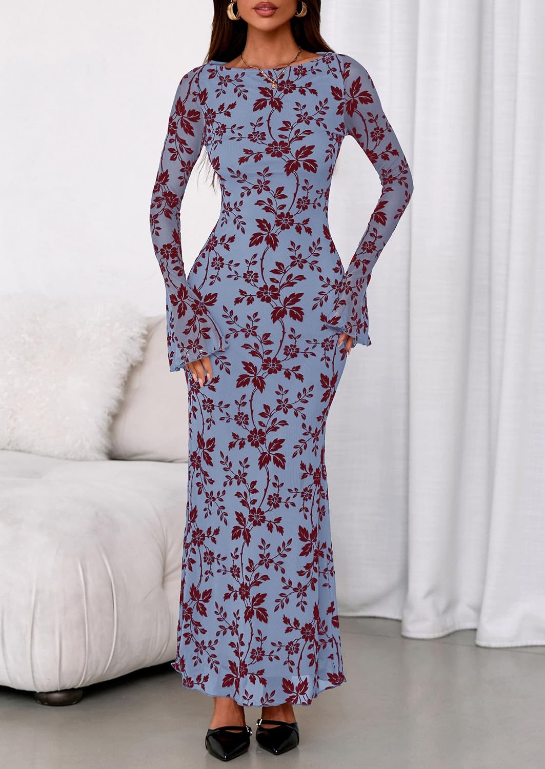 image:imagePRETTYGARDEN Womens Floral Bodycon Maxi Dress Wedding Guest DressesBlue Red