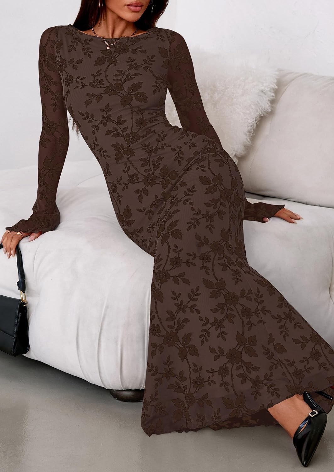 image:imagePRETTYGARDEN Womens Floral Bodycon Maxi Dress Wedding Guest DressesBrown