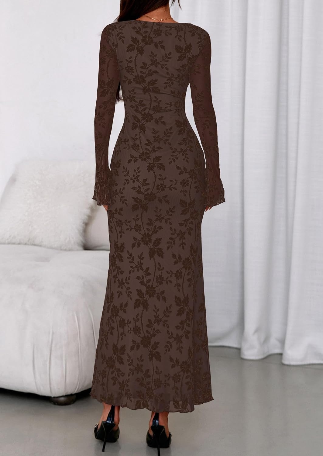 image:imagePRETTYGARDEN Womens Floral Bodycon Maxi Dress Wedding Guest DressesBrown