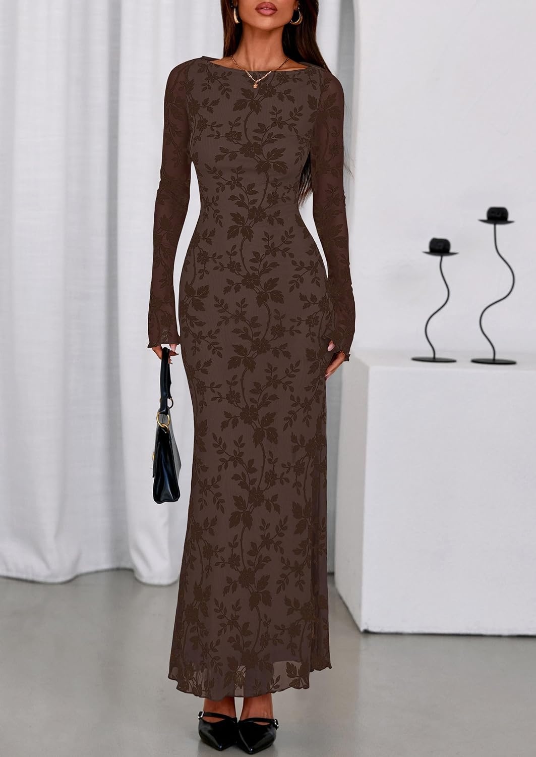 image:imagePRETTYGARDEN Womens Floral Bodycon Maxi Dress Wedding Guest DressesBrown