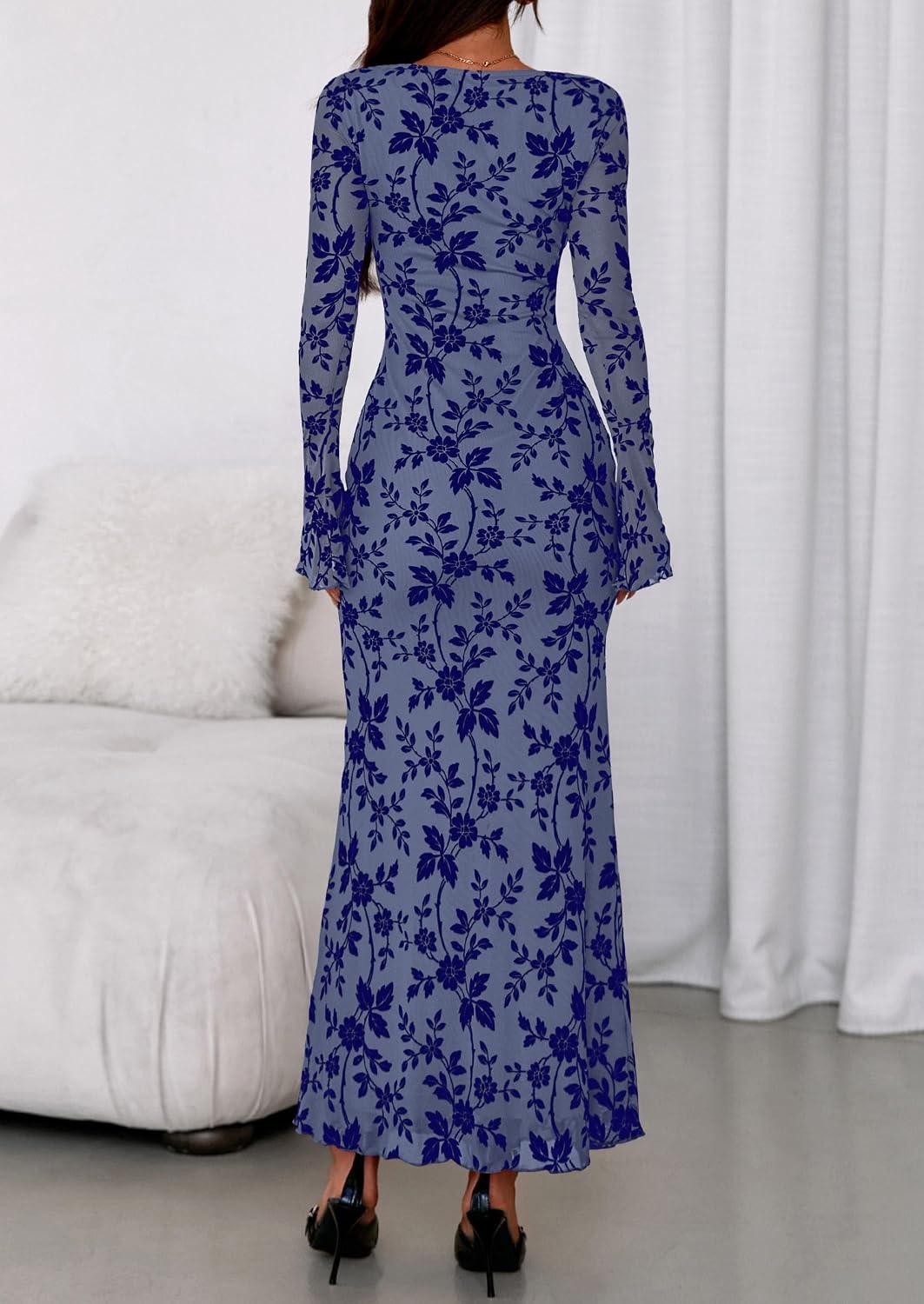 image:imagePRETTYGARDEN Womens Floral Bodycon Maxi Dress Wedding Guest DressesDusty Blue