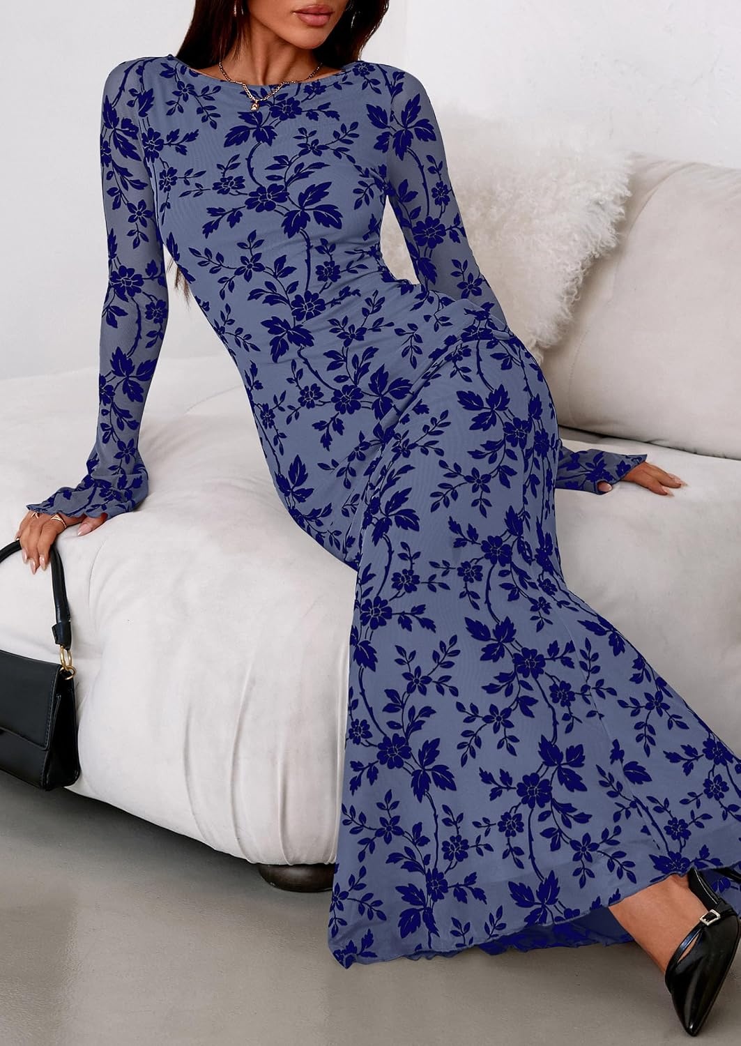 image:imagePRETTYGARDEN Womens Floral Bodycon Maxi Dress Wedding Guest DressesDusty Blue