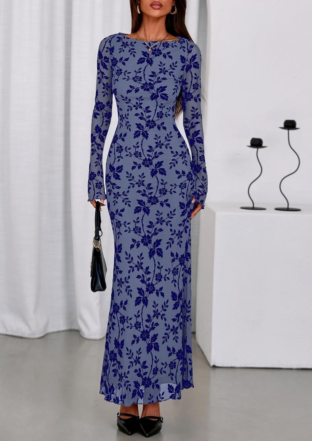 image:imagePRETTYGARDEN Womens Floral Bodycon Maxi Dress Wedding Guest DressesDusty Blue