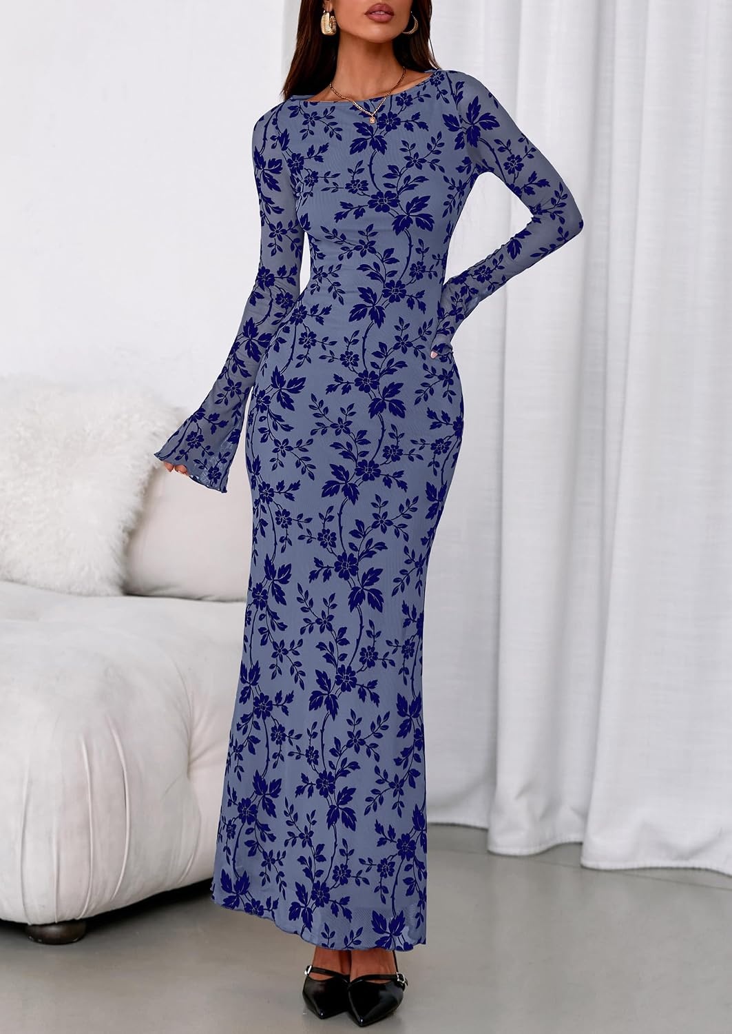 image:imagePRETTYGARDEN Womens Floral Bodycon Maxi Dress Wedding Guest DressesDusty Blue