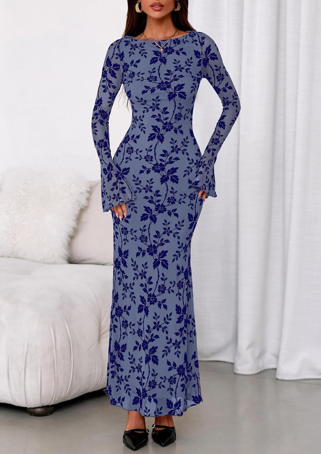 image:imagePRETTYGARDEN Womens Floral Bodycon Maxi Dress Wedding Guest DressesDusty Blue