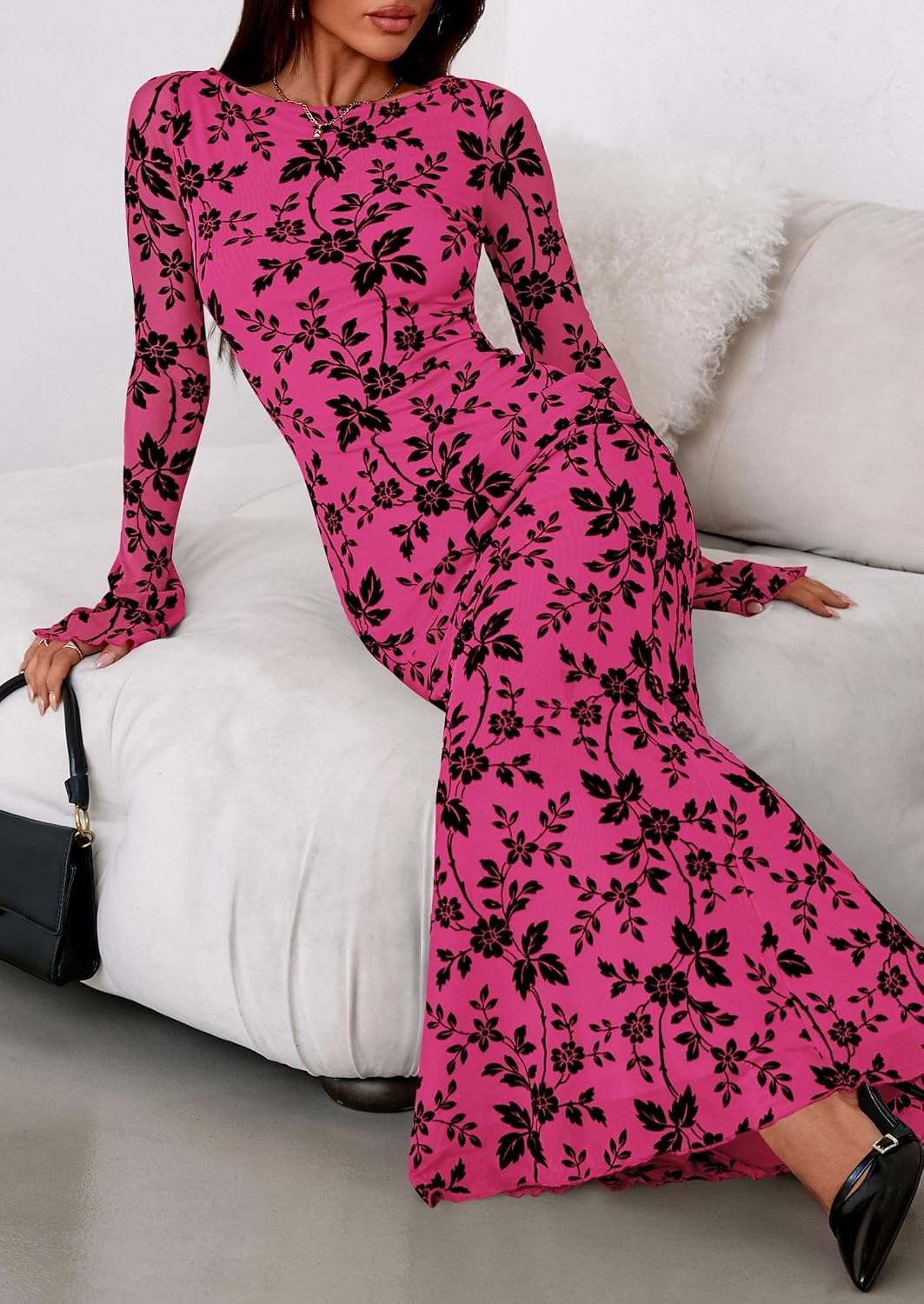 image:imagePRETTYGARDEN Womens Floral Bodycon Maxi Dress Wedding Guest DressesHot Pink
